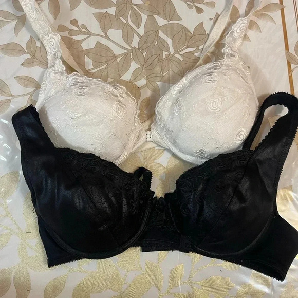 Set of 2 Lilyette Women Bra 34B black/white Floral Lace Push Up Underwire - Picture 1 of 4